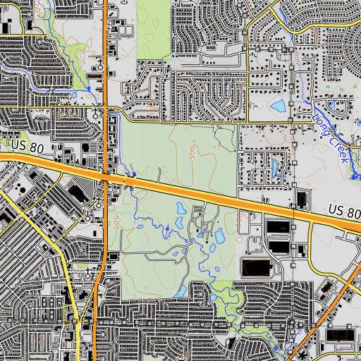 OpenTopoMap map of Samuell Mesquite Park, TX