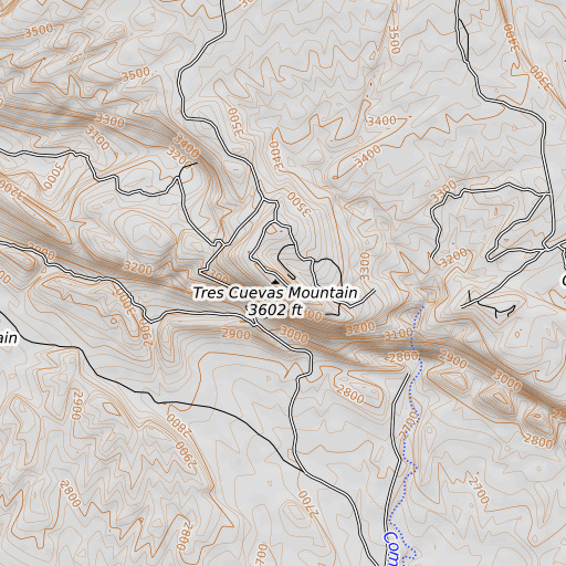 OpenTopoMap map of Tres Cuevas Mountain, TX