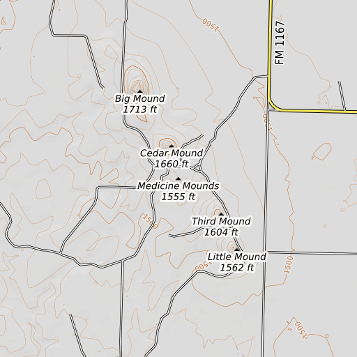 OpenTopoMap map of Medicine Mounds, TX