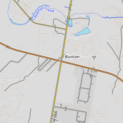OpenTopoMap map of Bluntzer, TX