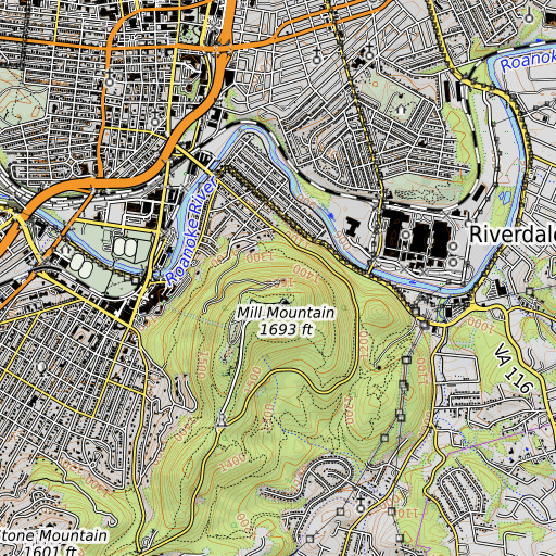 OpenTopoMap map of Mill Mountain Park, VA