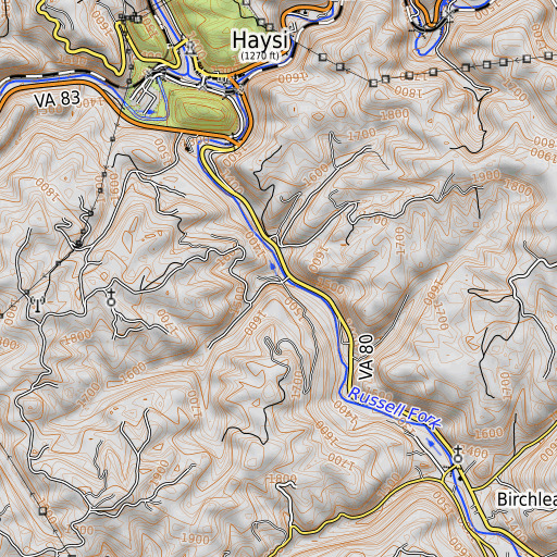 OpenTopoMap map of Lazarus Branch, VA