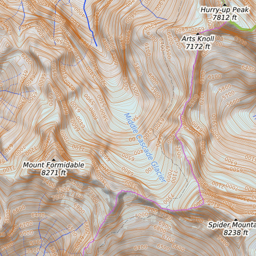 OpenTopoMap map of Middle Cascade Glacier, WA
