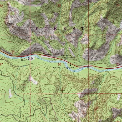 USGS 24K topo map of Wild Rose Campground, WA