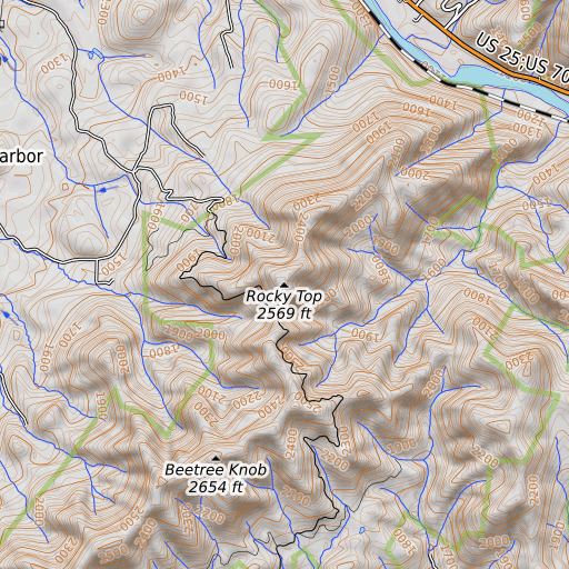 OpenTopoMap map of Rocky Top, TN