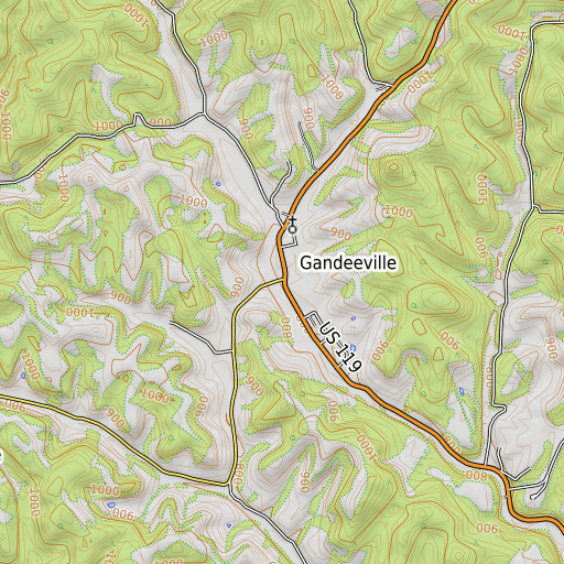OpenTopoMap map of Gandeeville Post Office, WV