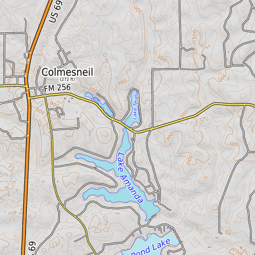 OpenTopoMap map of Lake Tejas Dam, TX
