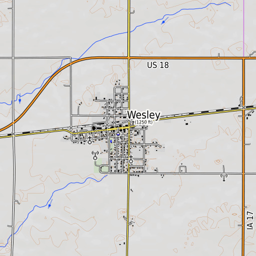 OpenTopoMap map of Wesley Public Library, IA