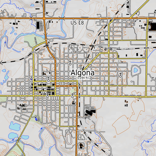 OpenTopoMap map of Algona Public Library, IA