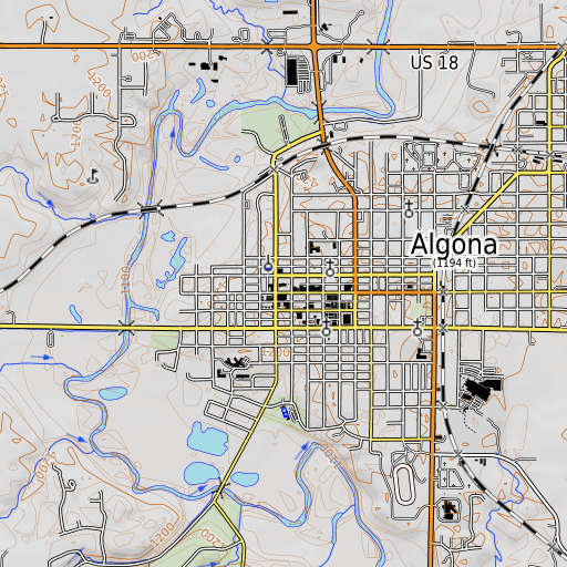 OpenTopoMap map of Kossuth County Courthouse, IA