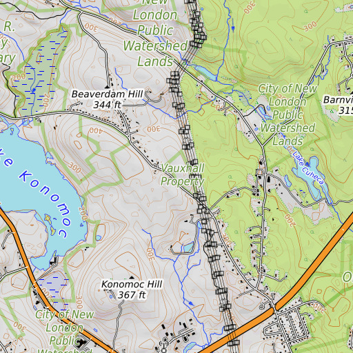 OpenTopoMap map of Vauxhall Park, CT