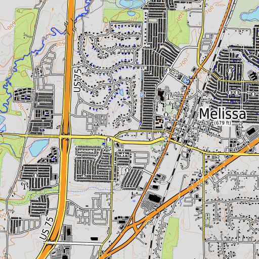 OpenTopoMap map of Melissa Ridge Elementary School, TX