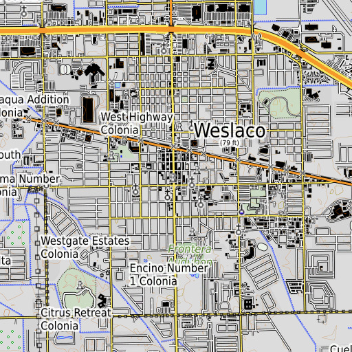 OpenTopoMap map of Weslaco Public Library, TX