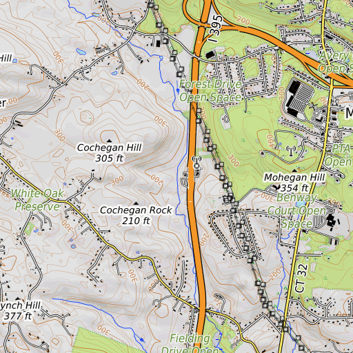 OpenTopoMap map of Falls Brook, CT