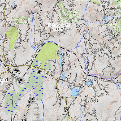 OpenTopoMap map of Rowledge Pond, CT