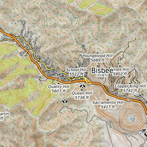 OpenTopoMap map of Old Bisbee High School, AZ