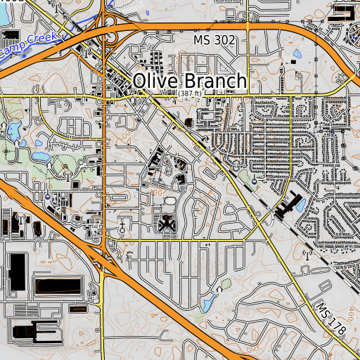 OpenTopoMap map of Olive Branch Intermediate School, MS