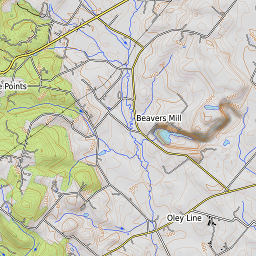 OpenTopoMap map of Biebers Mill, PA