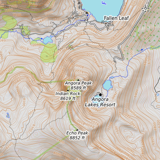 OpenTopoMap map of Angora Peak, CA