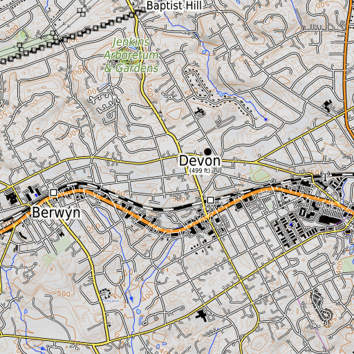 OpenTopoMap map of Devon Census Designated Place, PA