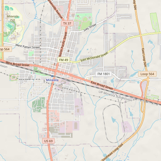 OpenStreetMap map of Mineola Post Office, TX