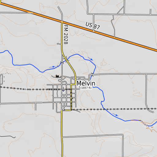 OpenTopoMap map of Melvin Post Office, TX