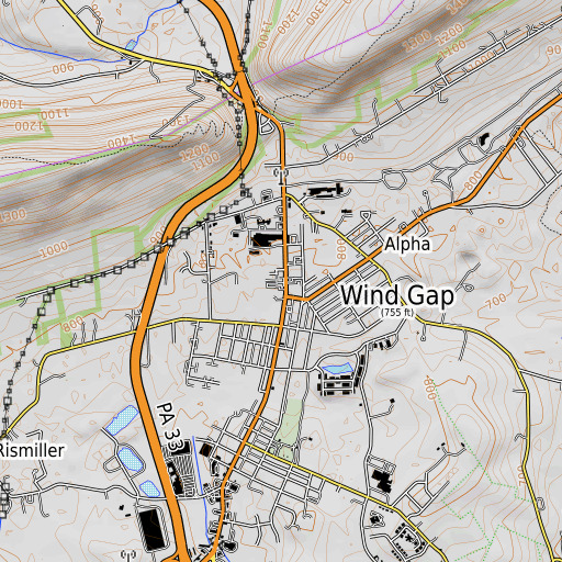 OpenTopoMap map of Wind Gap Post Office, PA