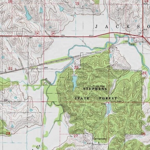 USGS 24K topo map of Stephens Forest Pond Dam, IA