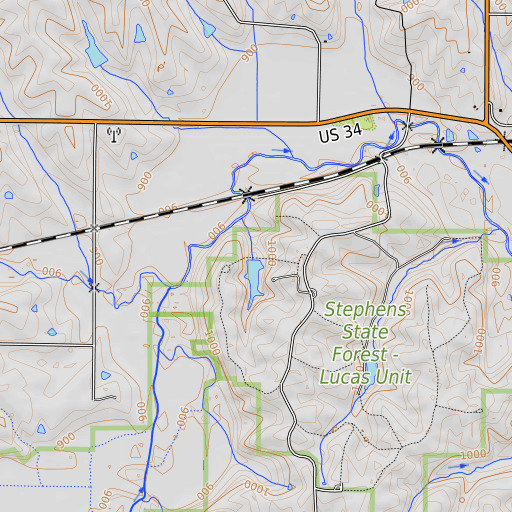 OpenTopoMap map of Stephens Forest Pond Dam, IA