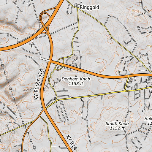 OpenTopoMap map of Denham Knob, KY