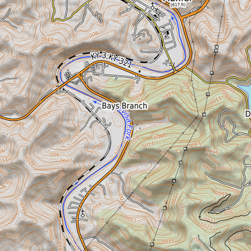 OpenTopoMap map of Fryleys Branch, KY