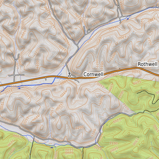 OpenTopoMap map of Cornwell, KY
