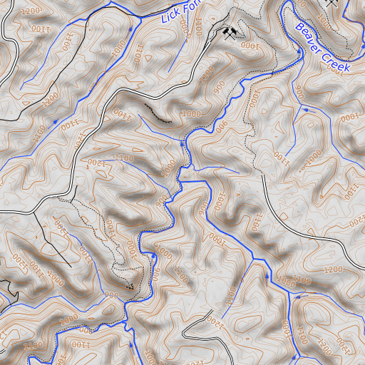 OpenTopoMap map of Drury Branch, KY