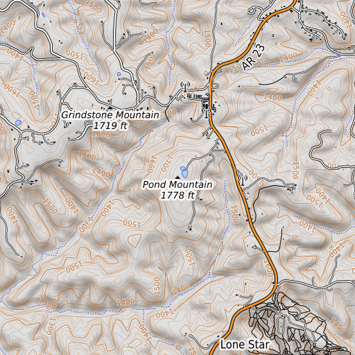 OpenTopoMap map of Pond Mountain, AR