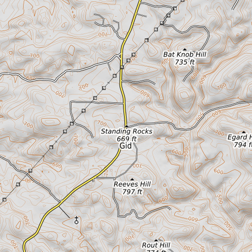 OpenTopoMap map of Standing Rocks, AR