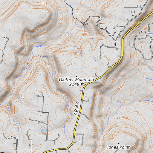 OpenTopoMap map of Gaither Mountain, AR
