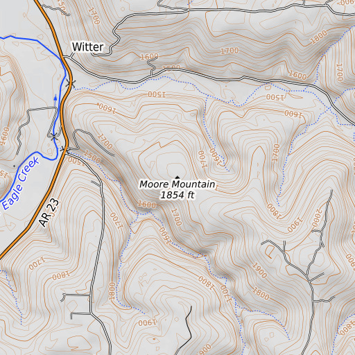 OpenTopoMap map of Moore Mountain, AR