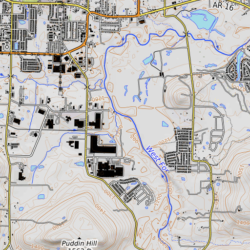 OpenTopoMap map of Combs Park, AR