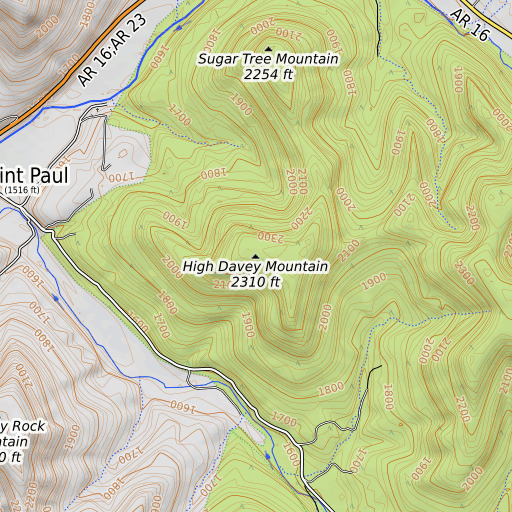 OpenTopoMap map of High Davey Mountain, AR