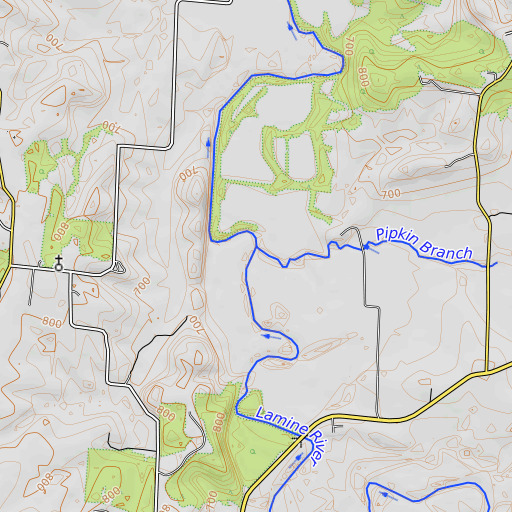 OpenTopoMap map of Pipkin Branch, MO