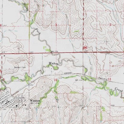 USGS 24K topo map of North Fork Wahoo Creek, NE