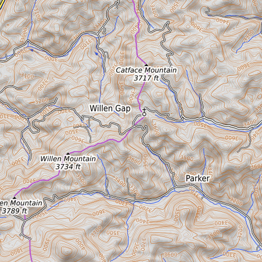 OpenTopoMap map of Willen Gap, NC