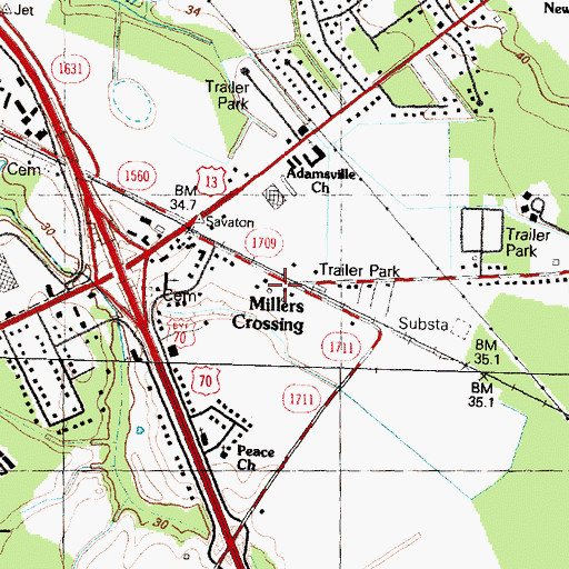 Topographic Map of Millers Crossing, NC
