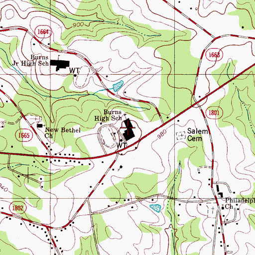 Topographic Map of Burns High School, NC