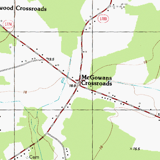 Topographic Map of McGowans Crossroads, NC