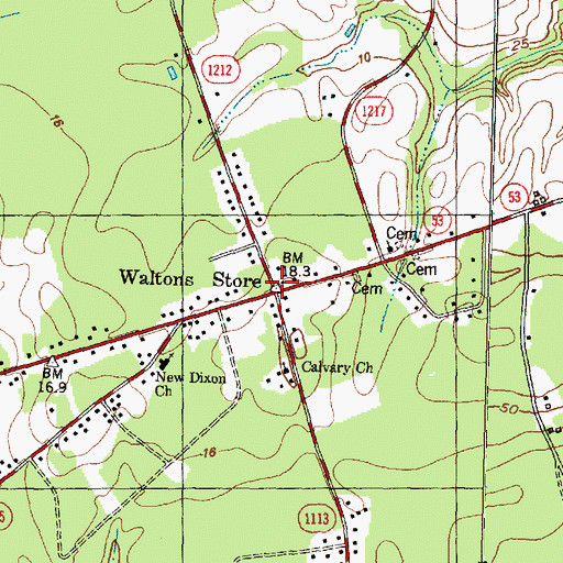 Topographic Map of Waltons Store, NC