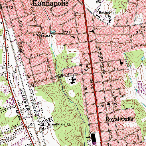 Topographic Map of Royal Oaks School, NC