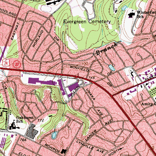 Topographic Map of Amity Gardens Shopping Center, NC