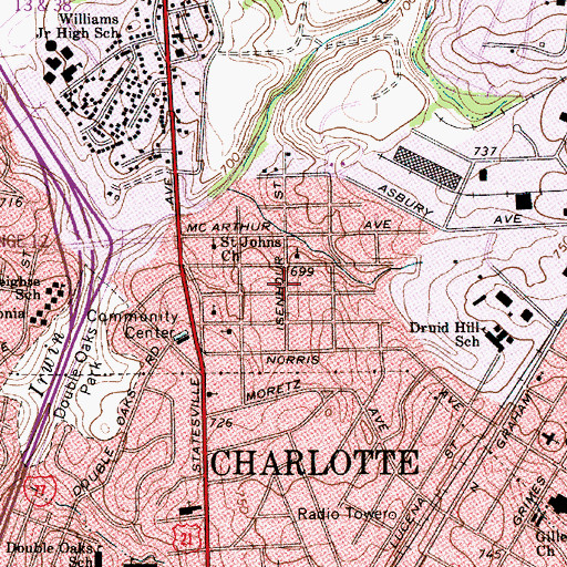 Topographic Map of Druid Hills, NC