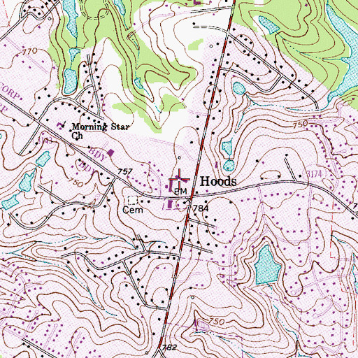Topographic Map of Hoods Crossroads Shopping Center, NC